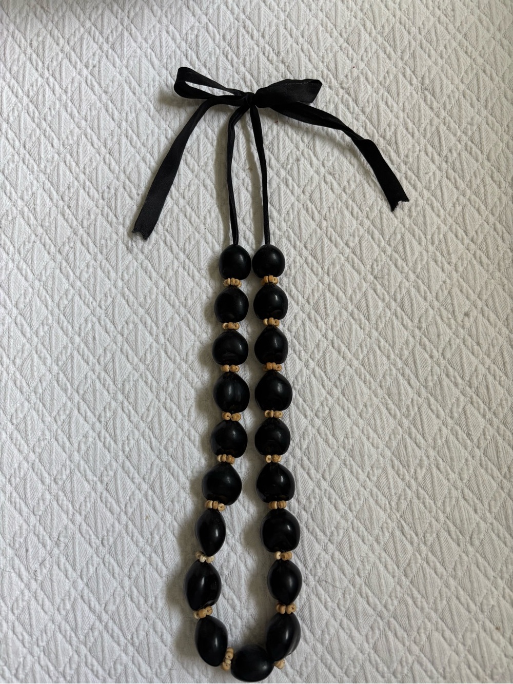 Black Beaded Ribbon Necklace with Gold Accents